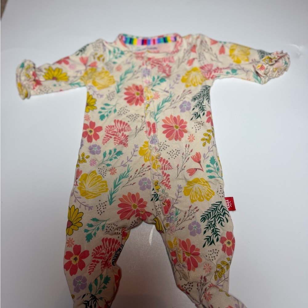 Magnetic Me Cream Floral Footie with Pink Yellow Teal Flowers